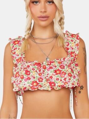 For Love And Lemons Floral Ruffle Crop Top in Multi Pink and Green
